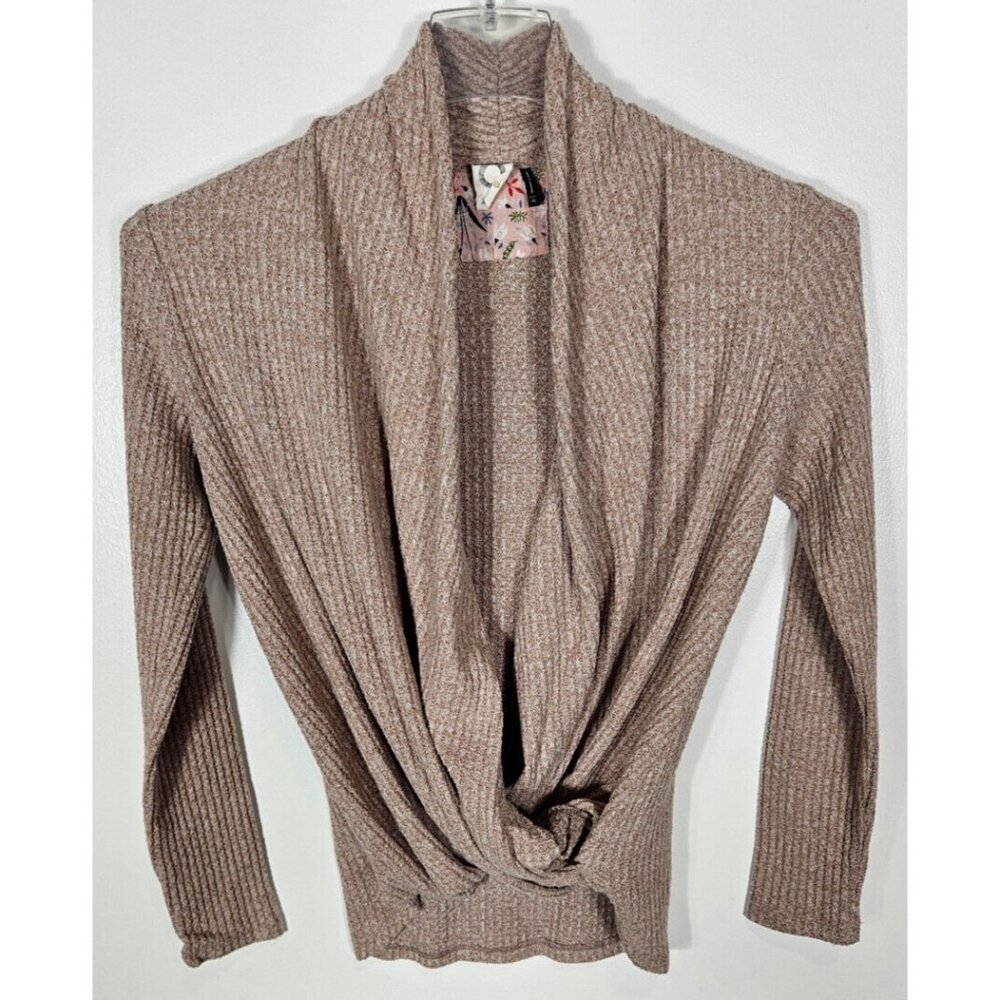 Anthropologie Akemi +Kin Women's XS Tan Faux Wrap Sweater? Top LS Deep V Neck